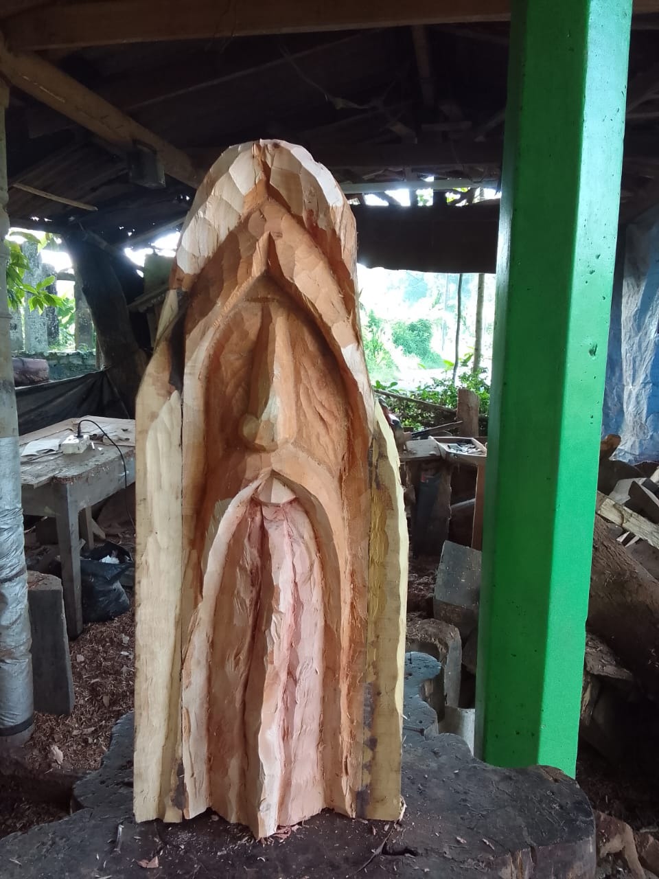 Carving in progress in the workshop
