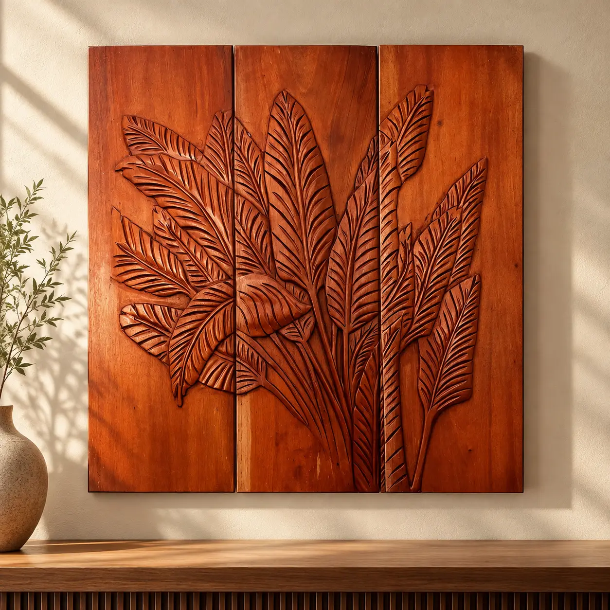 Banana Leaf Triptych, hand-carved contemporary botanical wall art by The Zen Woodcrafts