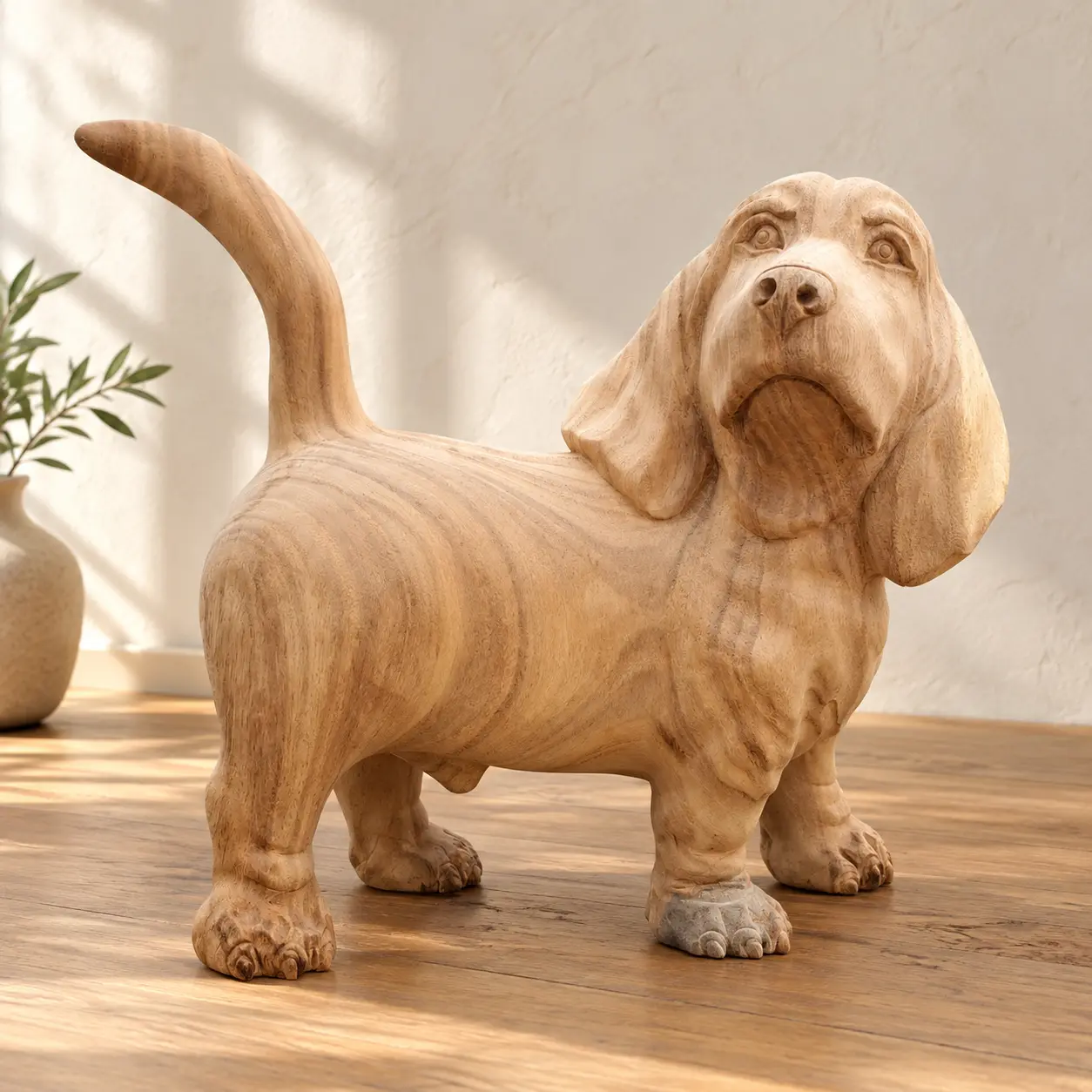 Basset Hound Statue, hand-carved sculpture & figurative carving by The Zen Woodcrafts