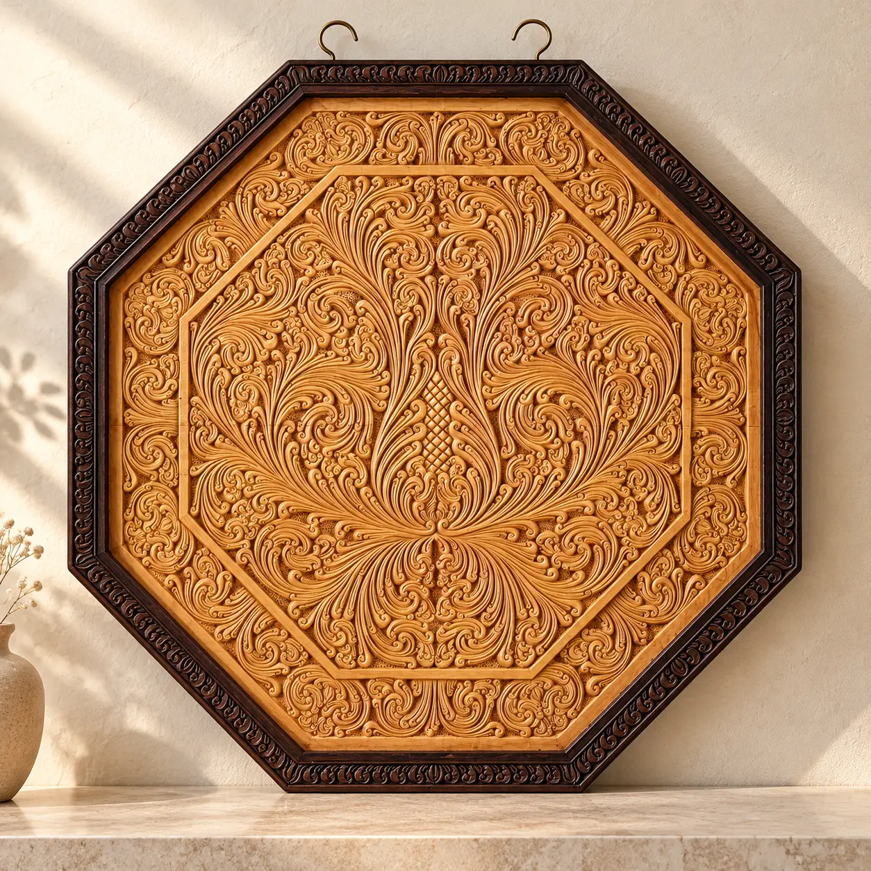 Octagonal Liyawela Scroll Panel, hand-carved traditional relief wall panel by The Zen Woodcrafts