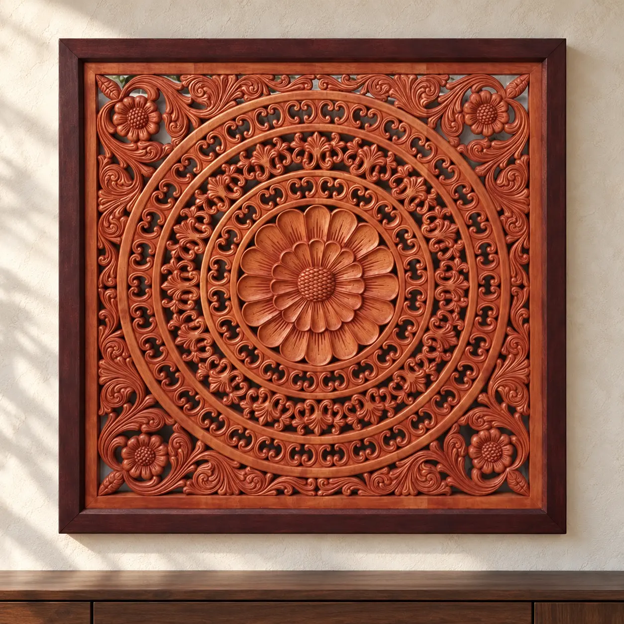 Lotus Mandala Fretwork Panel, hand-carved traditional relief wall panel by The Zen Woodcrafts