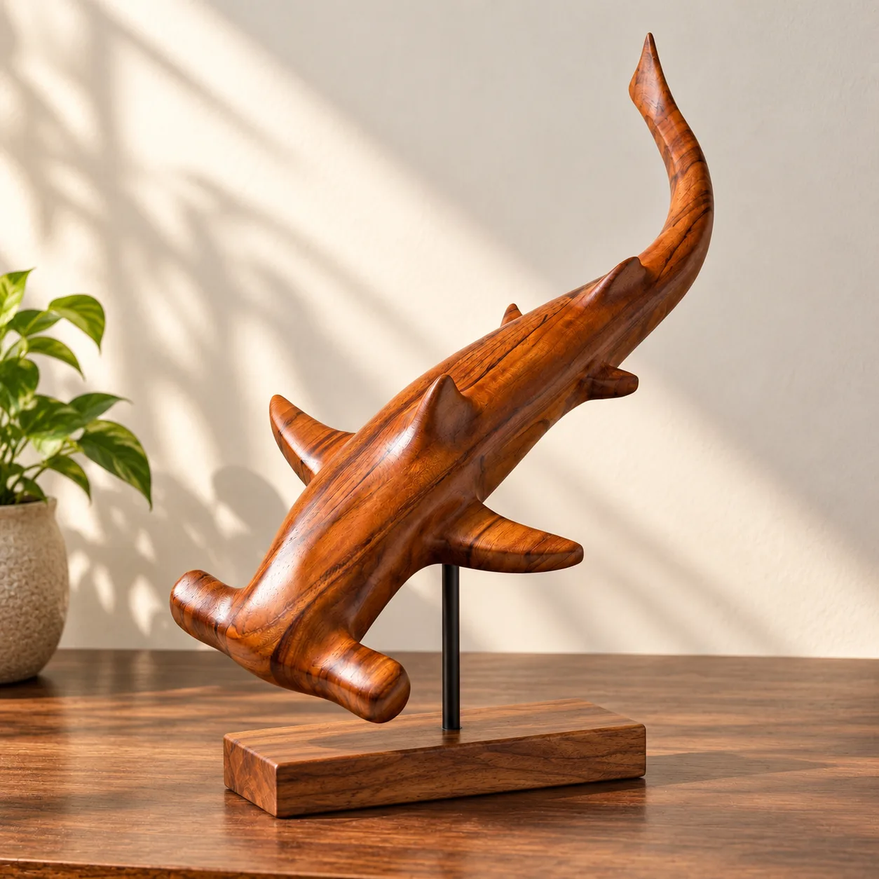 Hammerhead Shark on Stand, hand-carved sculpture & figurative carving by The Zen Woodcrafts