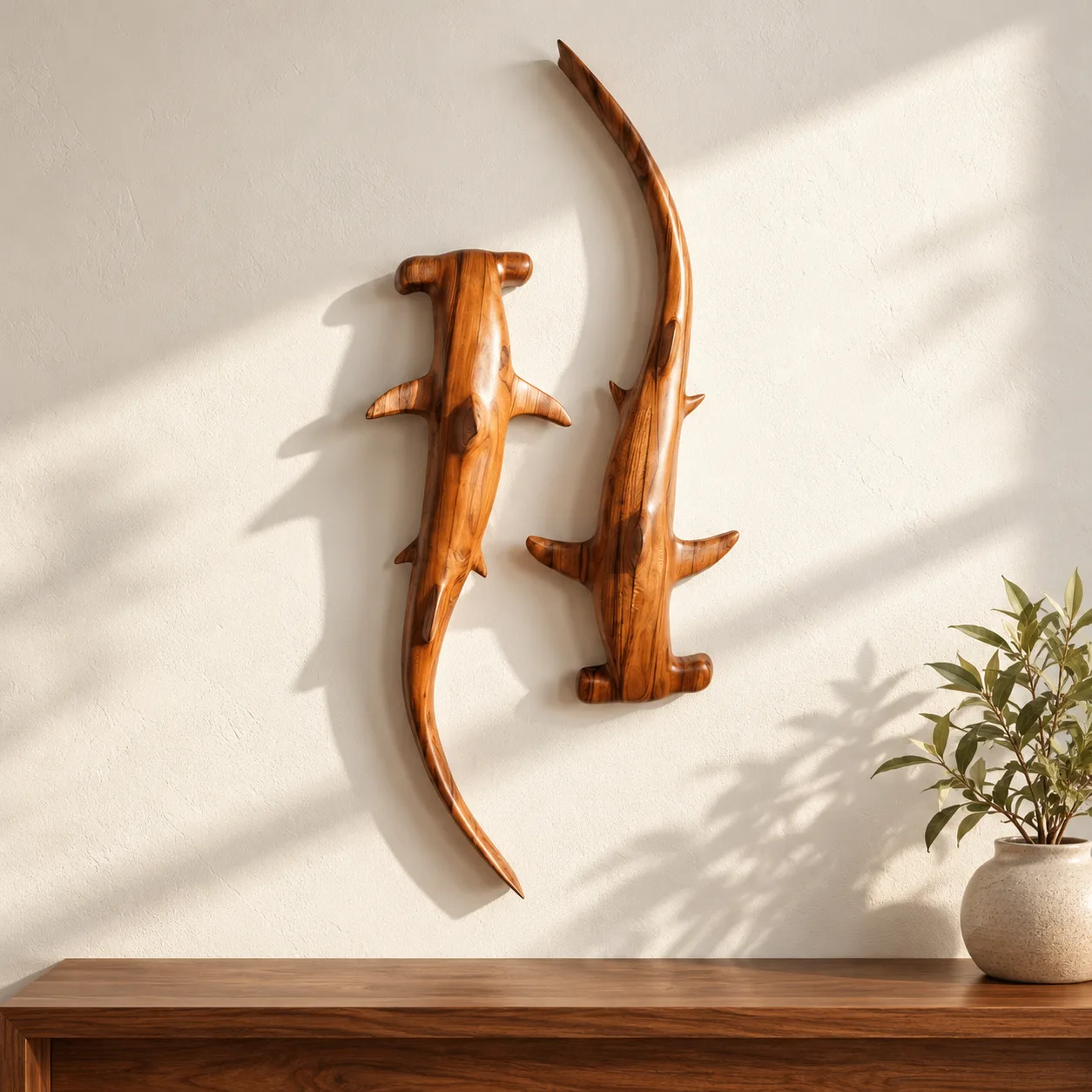 Hammerhead Shark Wall Pair, hand-carved sculpture & figurative carving by The Zen Woodcrafts